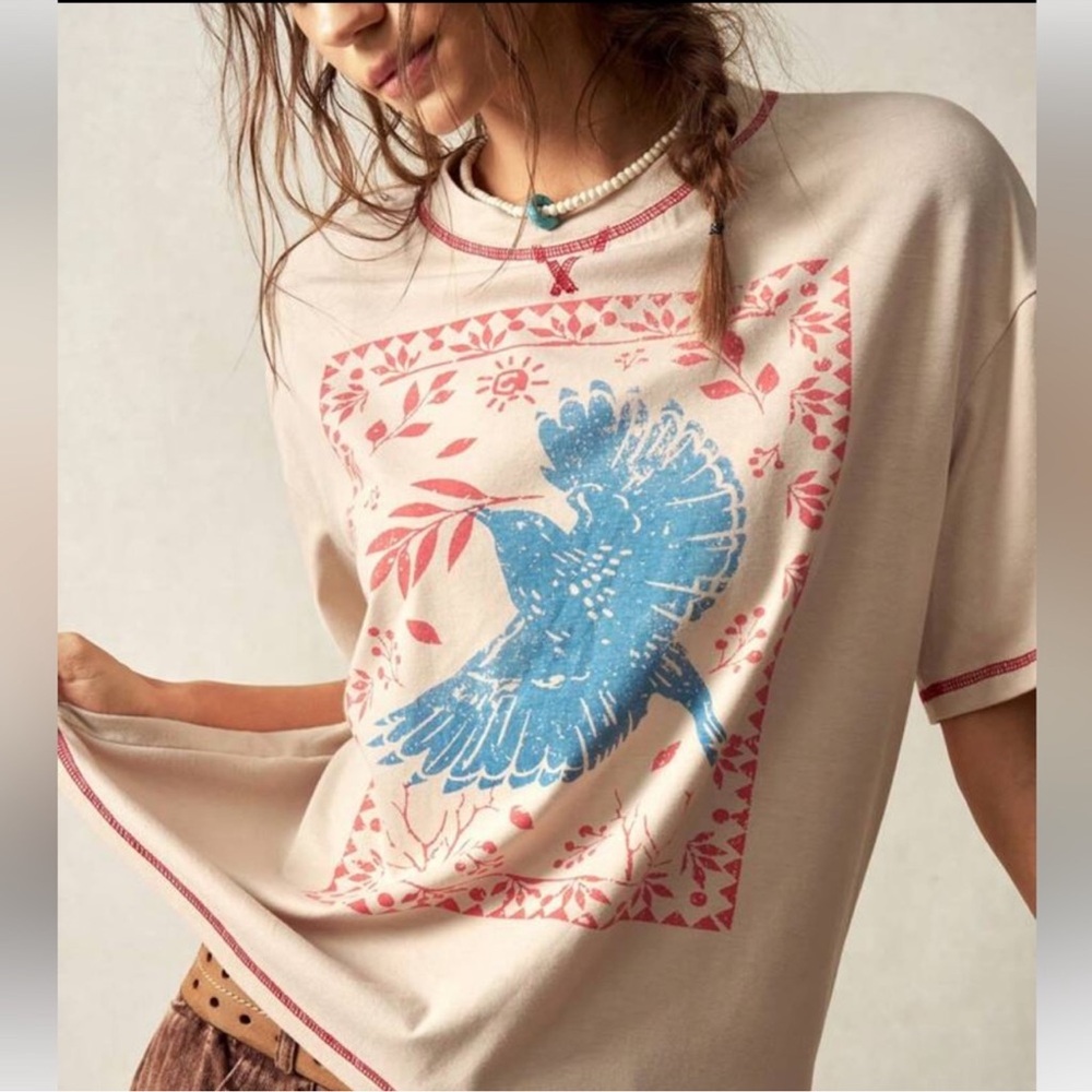 Boho Peace Dove Graphic Tee Cream Blue Bird Boho Festival Shirt NWT L